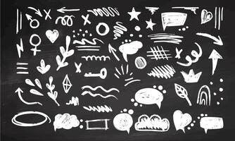Elements drawn with colored pencils on a blackboard background, a pencil effect brush, a chalk texture. an illustration in a children's style. Colored doodles, square, spiral, arrow. vector