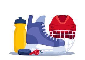 Composition of hockey equipment. Helmet, puck, skates, whistle, water bottle. illustration. vector