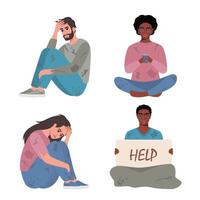 Homeless men and women, set. Bums in ragged clothes sitting on ground begging money. Unemployed characters asking support in trouble situation, begging. illustration. vector