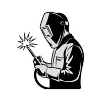 Welder in welding helmet holding torch vector