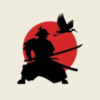 A silhouette of a samurai with a crane in the background vector