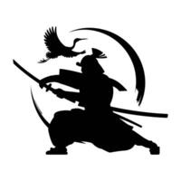 A silhouette of a samurai with a crane in the background vector