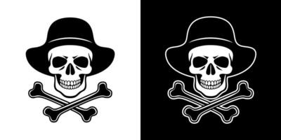 Two skull and crossbones with hats on black and white vector