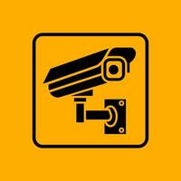 A black and yellow security camera icon on a yellow background vector