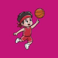 A cartoon boy playing basketball on a pink background vector