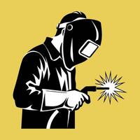 Welder in welding helmet holding torch and welding vector