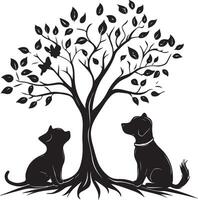 a black and white silhouette of two dogs and a cat under a tree vector