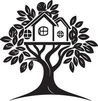 tree house with tree and leaves on it vector
