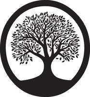 a black and white silhouette of a tree in a circle vector