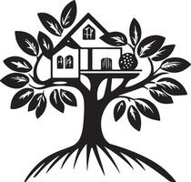a black and white tree with a house on it vector