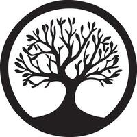 a black and white silhouette of a tree in a circle vector