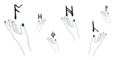 a drawing of four hands with different symbols on them vector
