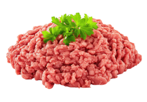 Fresh raw ground beef garnished with parsley on a clean white background for culinary use png