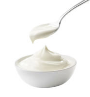 Spoonful of creamy white sour cream gracefully poured into a pristine bowl png