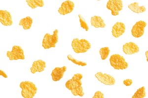 A whimsical display of yellow cornflakes floating playfully against a bright background png