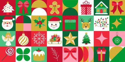 A colorful Christmas-themed image with various decorations such as a Santa hat, a reindeer, and a Christmas tree vector