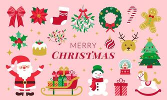 Merry Christmas is the message on this colorful and festive image. A variety of Christmas decorations, including a Santa Claus, a reindeer, a Christmas tree, and a wreath vector