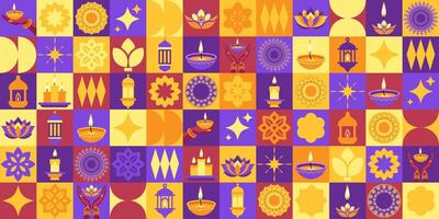 Happy Diwali icons elements with geometric pattern. A colorful and vibrant image of various symbols and patterns, including candles and lanterns, with a mood of celebration and festivity vector