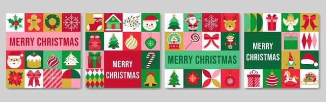 Merry christmas is the message on these four colorful cards. Each card features a different design, including a tree, a Santa Claus, and a snowman. The cards are arranged in a row vector