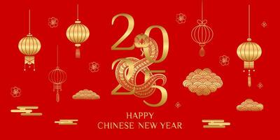 Chinese New Year 2025 background with gold and silver decorations and the number 2025. The decorations include lanterns and clouds vector