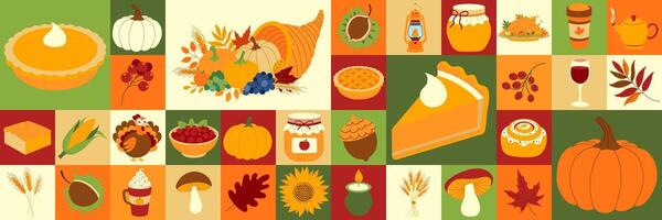 Happy Thanksgiving Day icons elements with geometric pattern. A colorful image of various fall foods, including pies, pumpkins, and apples vector