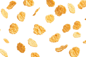 Crispy cereal flakes floating playfully in a clean white expanse of limitless imagination png