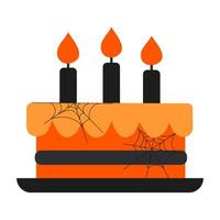 A cake with three candles on it with a spider web design. The cake is orange and black vector
