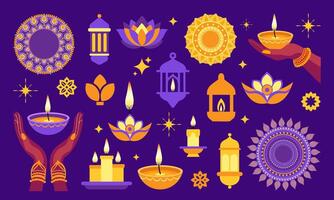 Diwali set elements. A collection of colorful symbols and images, including a hand holding a lantern, a flower, and a star vector