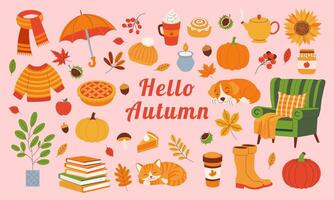 A colorful poster with various autumn items such as pumpkins, apples, and a cat. The poster reads Hello Autumn and features a chair and a cup vector