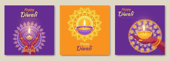 Three colorful posters with a design of a circle and a lighted candle in the middle. The posters are titled Happy Diwali and are decorated with a lot of colors vector