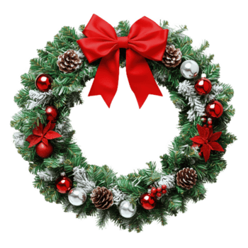 un festivo guirnalda adornado con un rojo arco, plata adornos, y piñas para fiesta animar png