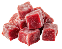 Frozen beef cubes resting on a clean white surface, ready for culinary preparation png