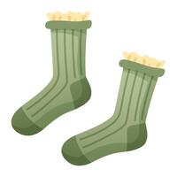 A pair of cozy turquoise socks with frills. Winter and autumn warm wool socks. Design element on a white background. vector