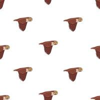 Seamless pattern cute funny owl with tilted leaned head in flight. vector