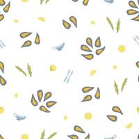 Seamless pattern of mussels, lemon and sauce. illustration seafood background, open mussel shells. vector