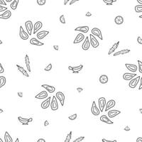 Seamless pattern of mussels, lemon and sauce doodle icon. illustration seafood background, open mussel shells. vector