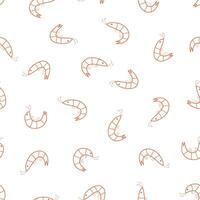 Seamless pattern of randomly arranged curved shrimps. illustration of red shrimp, seafood wallpaper background. vector
