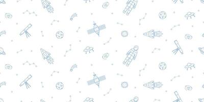 Cosmos doodle is a set of illustrations. Seamless pattern icons of space elements rocket cosmonaut stars satellite telescope comet. vector