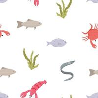 Seamless pattern of marine animals. background of fish algae, eel, crab, lobster. vector