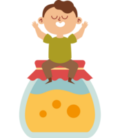 A boy is sitting on top of a jar of cheese png