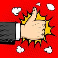 Human hand with like sign. Seal of approval. Pop art style illustration. Design element in . vector