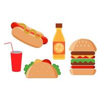 Fast food icons set. Junk food. Set of colorful fast food icons isolated on white background. vector