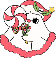 Festive Retro Groovy Christmas Ghost with lollipop Cute Hand Drawn Cartoon Doodle Character for playful and cheerful holiday projects. png