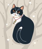 black white cat cartoon, icon illustration, cat silhouette of a cat isolated on a grey tree background vector