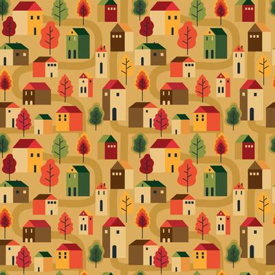 Trees and houses seamless pattern. Autumn, fall city landscape. wrapping paper, wallpaper, textile, fabric etc.