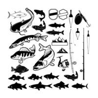 Set of Fishing club logo templates and design elements. Fish silhouettes. Fishing rods and fishing lures. Design elements in . vector