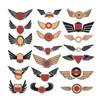 Aviation insignia wing set. Set of the emblems with wings. Retro design graphic element, emblem, logo, insignia, sign, identity, logotype, poster. design elements.