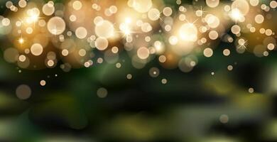 Bokeh lights border background with imitation green forest illustration. Banner template.Christmas decoration border with glitter and sparkles.lights blur bokeh on blurred dark background vector