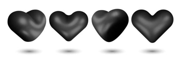 3d shiny black hearts in different positions set realistic style. Black hearts shapes collection. 3d realistic icons of love symbols isolated on white background. Valentine's day design element vector