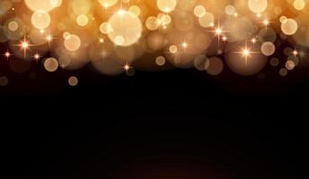 Christmas golden Bokeh lights border background. Golden bokeh with falling sparks and blur effect background. Blured gold lights on black background.Magic xmas light effect design element. vector